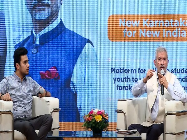 External Affairs Minister S Jaishankar speaking at the Yuva Samvad programme organised by BJYM in Bengaluru on Thursday. (Image Credit: Photo/ANI)