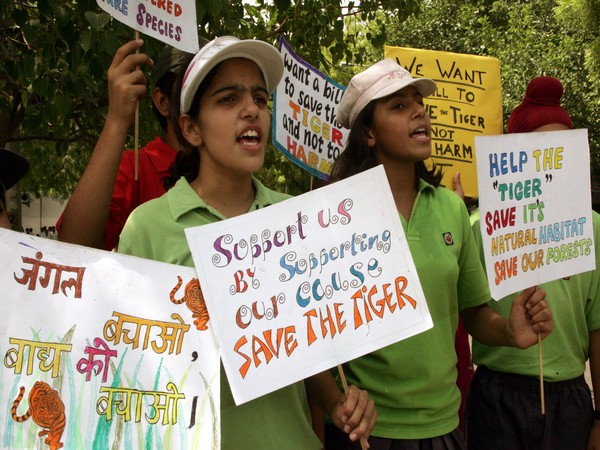 Indian school children hold placards and shout slogans during rally to save tigers in New Delhi. (File Photo/Reuters)