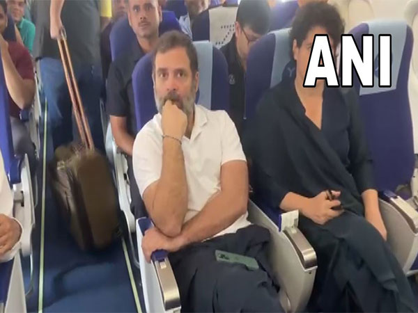Congress leaders Rahul Gandhi and Priyanka Gandhi onboard flight to Surat (Photo/ANI)