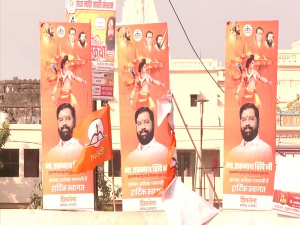 Giant Sena posters put up ahead of Eknath Shinde's visit to Ayodhya. (Photo/ANI)