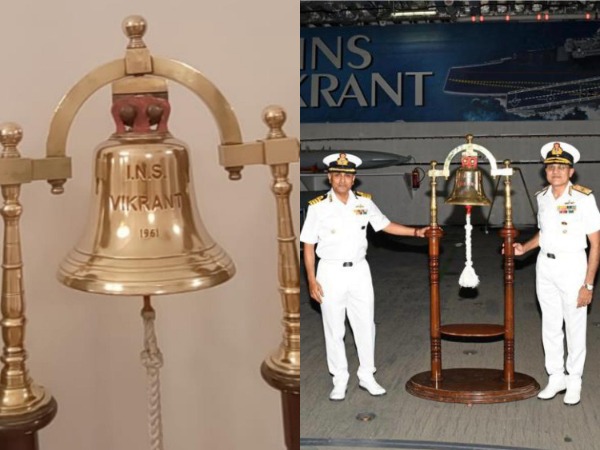 Vice Admiral SN Ghormade (retd) gifting the bell to INS Vikrant (Photo/ANI)