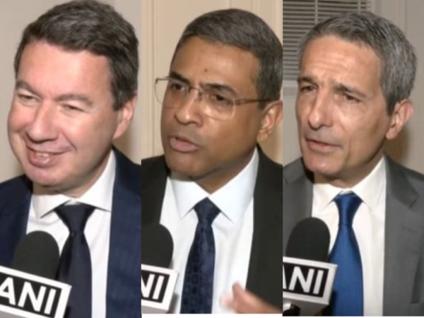 Egis CFO Laurent Germain, Saint-Gobain CFO N Sreedhar and Saint Gobain CEO Benoit Bazin. (ANI)