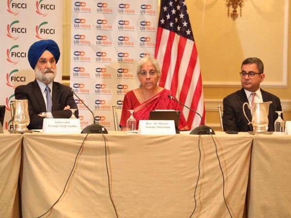Indian envoy to US, Taranjit Singh Sandhu, FM Nirmala Sitharaman and FICCI President Subhrakant Panda. (Photo Credit - Twitter)