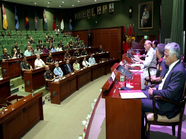 Union Defence minister Rajanth Singh addressing officials at Army commanders conference (Photo/ANI)