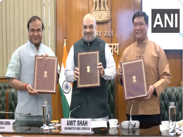 Assam Chief Minister Himanta Biswa Sarma, Union Home Minister Amit Shah, Arunachal Pradesh Chief Minister Pema Khandu (Photo/ANI)