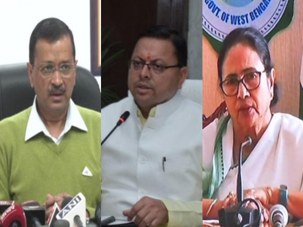 Delhi CM Arvind Kejriwal (Left), Uttarakhand CM Pushkar Singh Dhami (Centre), West Bengal CM Mamata Banerjee (Right). (Photo/ANI)