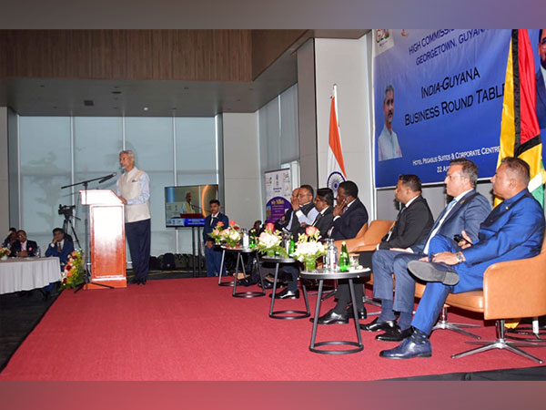 External Affairs Minister S Jaishankar addressing the India-Guyana Business Round Table in Guyana on Sunday. (Image Credit: Twitter/@DrSJaishankar)