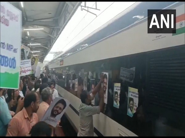 Congress workers pasted posters praising MP VK Sreekandan on Vande Bharat train in Kerala. (Photo/ANI)