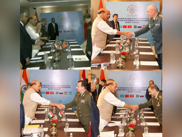 Visuals of Union defence minister Rajnath Singh having bilaterals with SCO counterparts (Image: ANI)