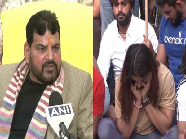 WFI president Brij Bhushan Sharan Singh (left) and Wrestlers at the protest (right) (Photo/ANI)