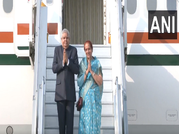 Vice President Jagdeep Dhankhar and his Spouse Dr Sudesh Dhankhar leave for UK visit. (Photo: ANI)