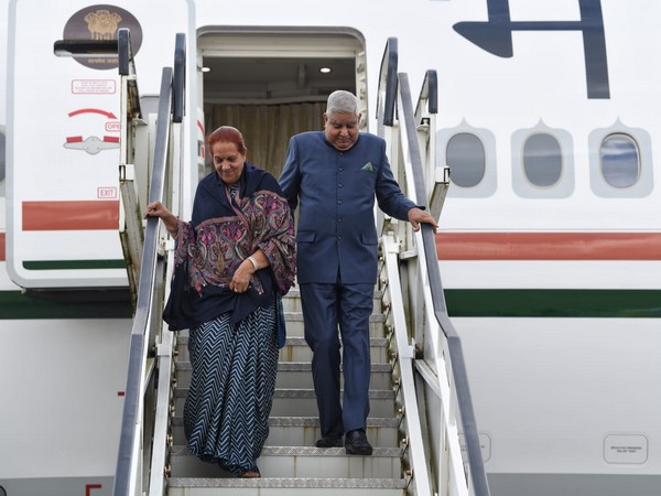 Vice-President Jagdeep Dhankhar and his spouse land at London Stansted Airport on Friday. 