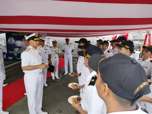 Admiral R Hari Kumar, Chief of the Naval Staff interacting with INS Delhi and INS Satpura crew in Singapore. (Photo Credit - Indian Navy)