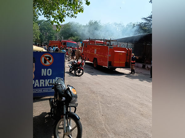Delhi Fire Service dousing fire near Singapore Embassy. (Photo Credit - Twitter)