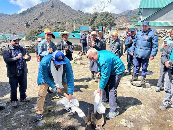 Indian Ambassador to Nepal Naveen Srivastava lays foundation stone for a wastewater management project in Solukhumbu, Nepal. (Photo/ANI)