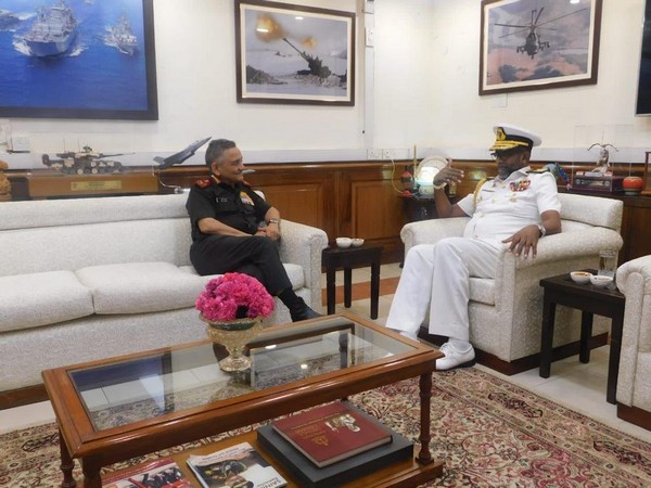 Commander of the Sri Lanka Navy Vice Admiral Priyantha Perera calls on Chief of Defence Staff General Anil Chauhan on Wednesday. (Photo/ANI)