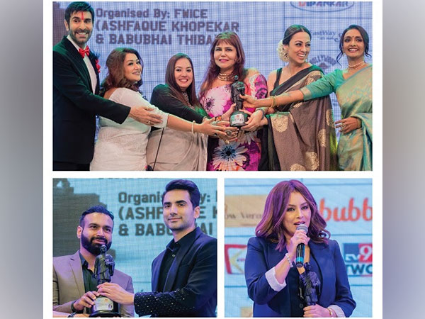 Actor Mahima Chaudhary and Actor Ishwak Singh receiving Awards along with Aarti Notiyal receiving Award from Nisha JamVal, Gouri Tonnk, Shanthi Priya, Farheen Prabhakar and Sandip Soparrkar