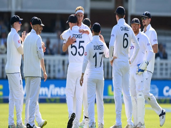 Stuart Broad celebrates with his teammates after taking a wicket against Ireland at Lord's Test (Image: ICC)
