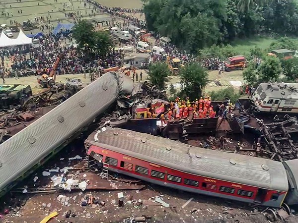 An aerial view of the mangled remains after the three train accident claimed at least 261 lives, in Balasore on Saturday. (Photo/ANI)
