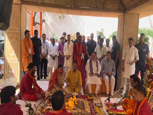 JP Nadda performs bhoomi pujan at Delhi state BJP office (ANI/photo)