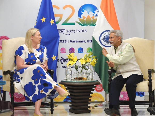 EAM S Jaishankar meets EU Commissioner for International Partnerships Jutta Urpilainen in Varanasi on Sunday. (Photo Credit: Twitter/@DrSJaishankar)