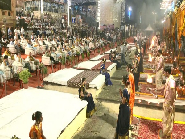 EAM S Jaishankar and G20 delegates attend Ganga Aarti in Varanasi on Sunday evening. (Photo/ANI)