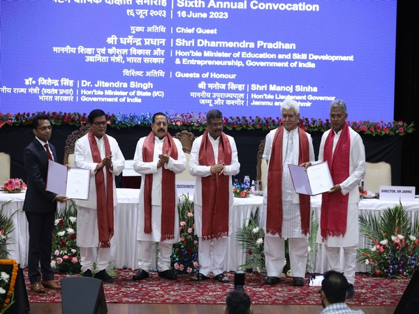 Mos Jitendra Singh, Union Minister Dharmendra Pradhan and Jammu and Kashmir L-G Manoj Sinha at an event (Photo/ANI)