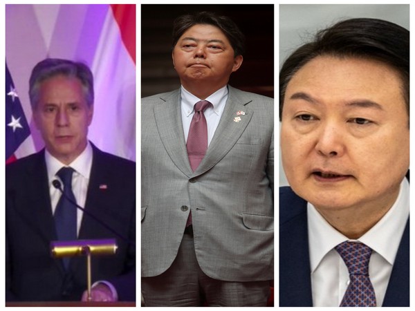 Antony Blinken (Left), S. Korean Foreign Minister Park Jin (Mid/Image Credit: Reuters) and Japanese counterpart Hayashi Yoshimasa (Right)