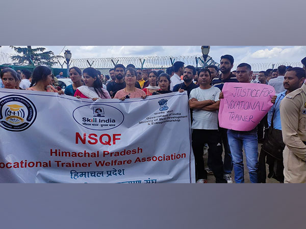 Vocational teachers demanding a permanent recruitment policy protest on Monday (Photo/ANI)