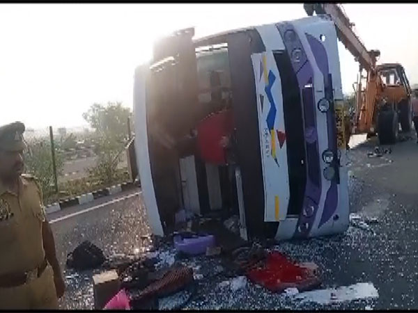Bus overturned in Itawah, Uttar Pradesh. (Photo/ANI)