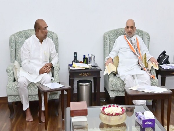 Manipur CM N Biren Singh meets Union Home Minister Amit Shah (Photo/ANI)