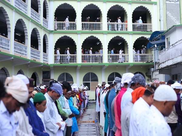 People offer Namaz at Kashmiri Takiya Mosque in Kathmandu on Thursday (Photo/ANI)