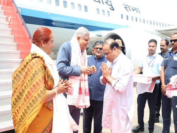 Assam Chief Minister Dr Himanta Biswa Sarma welcomes Vice President of India Jagdeep Dhankar at Guwahati airport. (Photo/ANI)