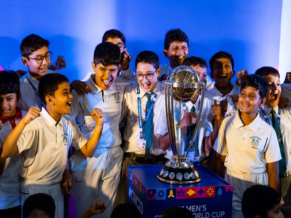 Students of Bombay Scottish School with ICC World Cup 2023 Trophy (Image: BCCI/ICC)
