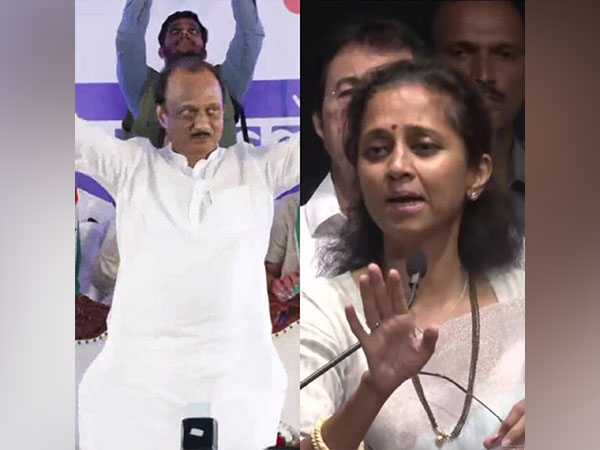 Ajit Pawar (left) and Supriya Sule (right) at separate meetings of NCP groups (Photo/ANI)