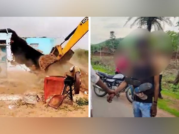 Illegal structure of accused demolished (L) and dalit youth with shoe garland (R) (Photo/ANI)