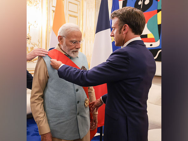 French President Emmanuel Macron confers PM Modi with 'Grand Cross of the Legion of Honour'. (Image Credit: Twitter/@MEAIndia)