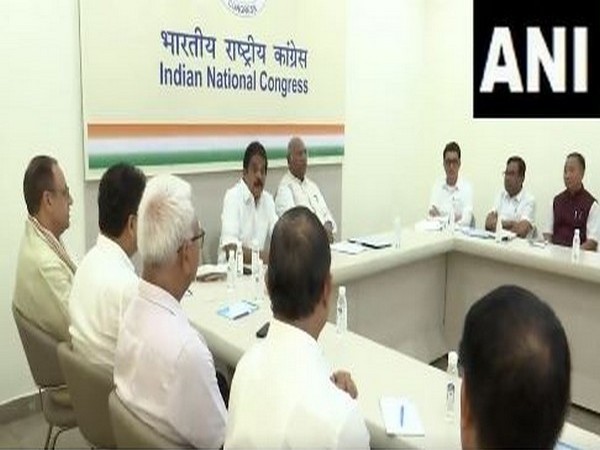 Congress Chief Mallikarjun in a meeting with party leaders in Delhi (Photo/ANI)