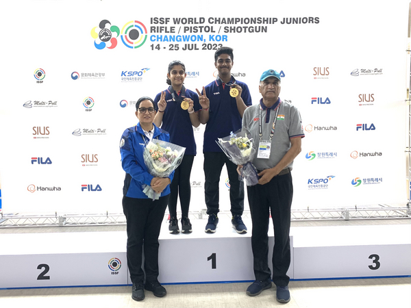 Veerpal Kaur (Coach, Indian Shooting team), Gautami Bhanot, Abhinav Shaw and D.S.Chandel (Coach, Indian Shooting team) in Changwon (Image: NRAI)