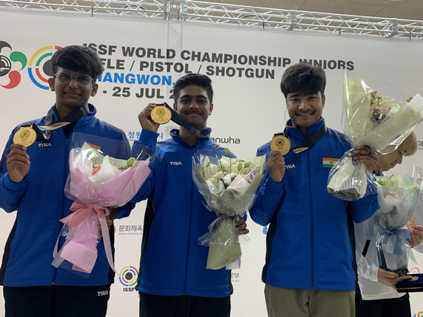 Parth Mane, Abhinav Shaw, Dhanush Srikanth atop podium in Changwon (Image: NRAI)