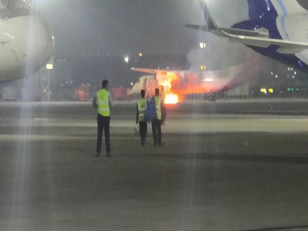 A SpiceJet aircraft caught fire during maintenance work at Delhi airport. (Photo/ANI)