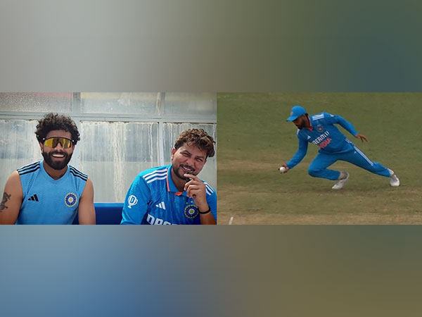 Virat Kohli while taking a stunning catch, Kuldeep Yadav and Ravindra Jadeja (Photo: BCCI/ Twitter)