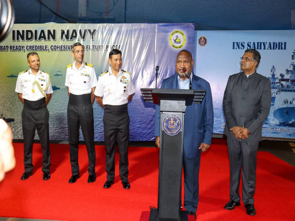 Papua New Guinea PM James Marape addresses an event onboard INS Sahyadri in Port Moresby on Friday. (Photo Credit: Twitter/@ind_png)