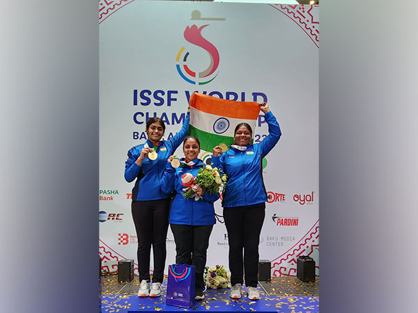 Tiyana, Kirandeep Kaur, Sakshi Suryavanshi atop the podium with their women's 50m pistol team world championship gold at Baku (Image: NRAI)