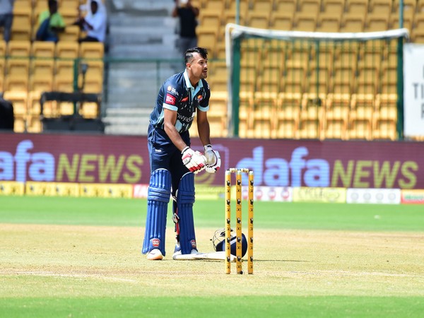 Kalyani Bengaluru Blasters' Mayank Agarwal against Mysuru Warriors during KSCA T20 (Image: KSCA)