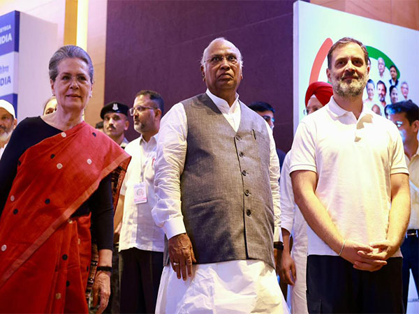 Congress President Mallikarjun Kharge with party leaders Sonia Gandhi and Rahul Gandhi (Photo/ANI)