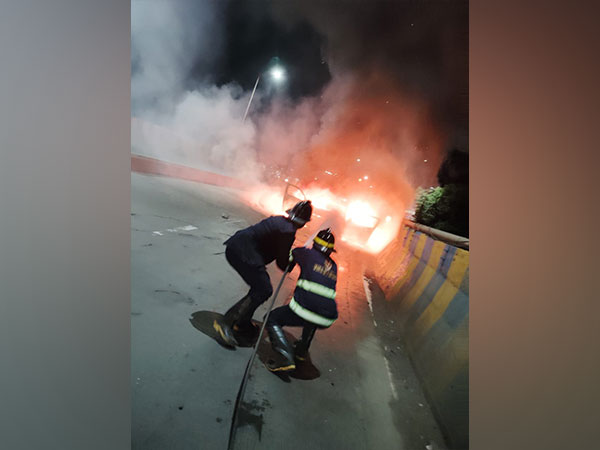 A visual of the car up in flames. (Photo credit: Thane Municipal Corporation)