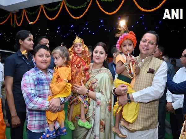Uttarakhand CM Pushkar Singh Dhami participates in Shri Krishna Janmashtami celebrations in Police line Dehradun. (Photo/ANI)