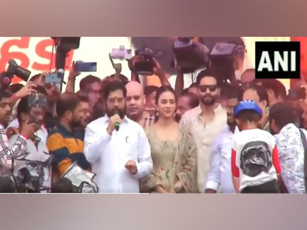 Maharashtra CM Eknath Shinde, Rakul Preet Singh, Jackky Bhagnani(Image source/ANI)