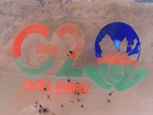 The G20 logo created by Sudarsan Pattnaik at Puri Beach. (Photo/ANI)